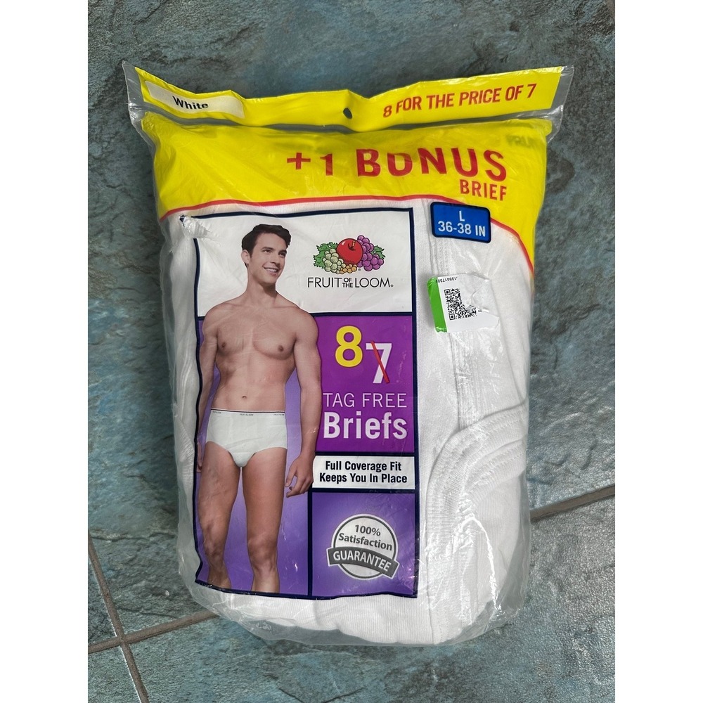 New Fruit of the Loom 100% Cotton Briefs Men's L White Tagless 8 Pack